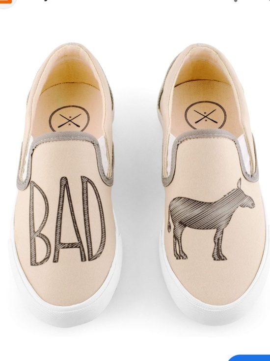 inkkas Shoes - inkkas Beige Canvas Slip-On Loafers with 'BAD' ‘A**’ Graphic 8.5